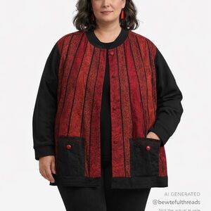 XL–2X Red Black Patchwork Lined Statement Jacket Artsy Oversized